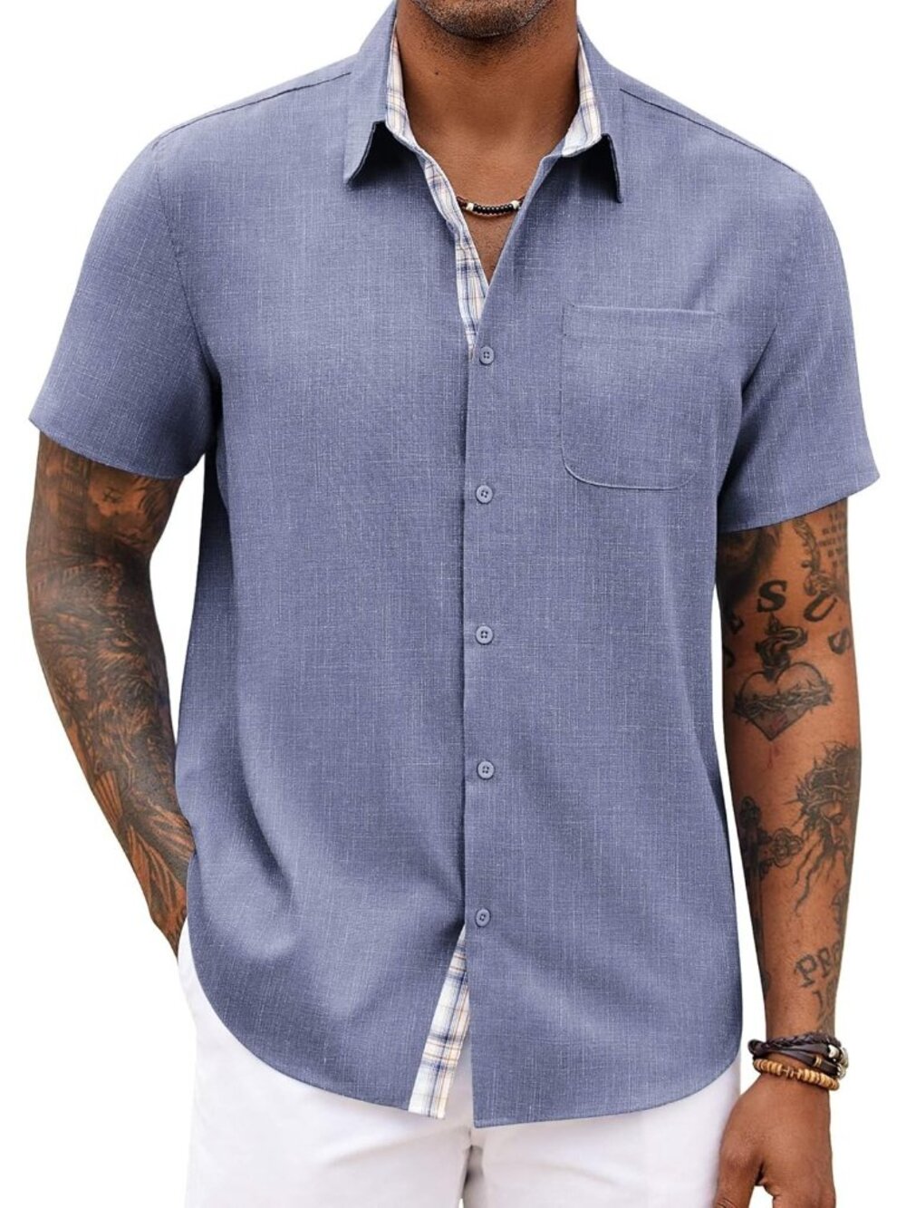 Men's Blue Grey Short Sleeve Casual Summer Breathable Button Down Shirts